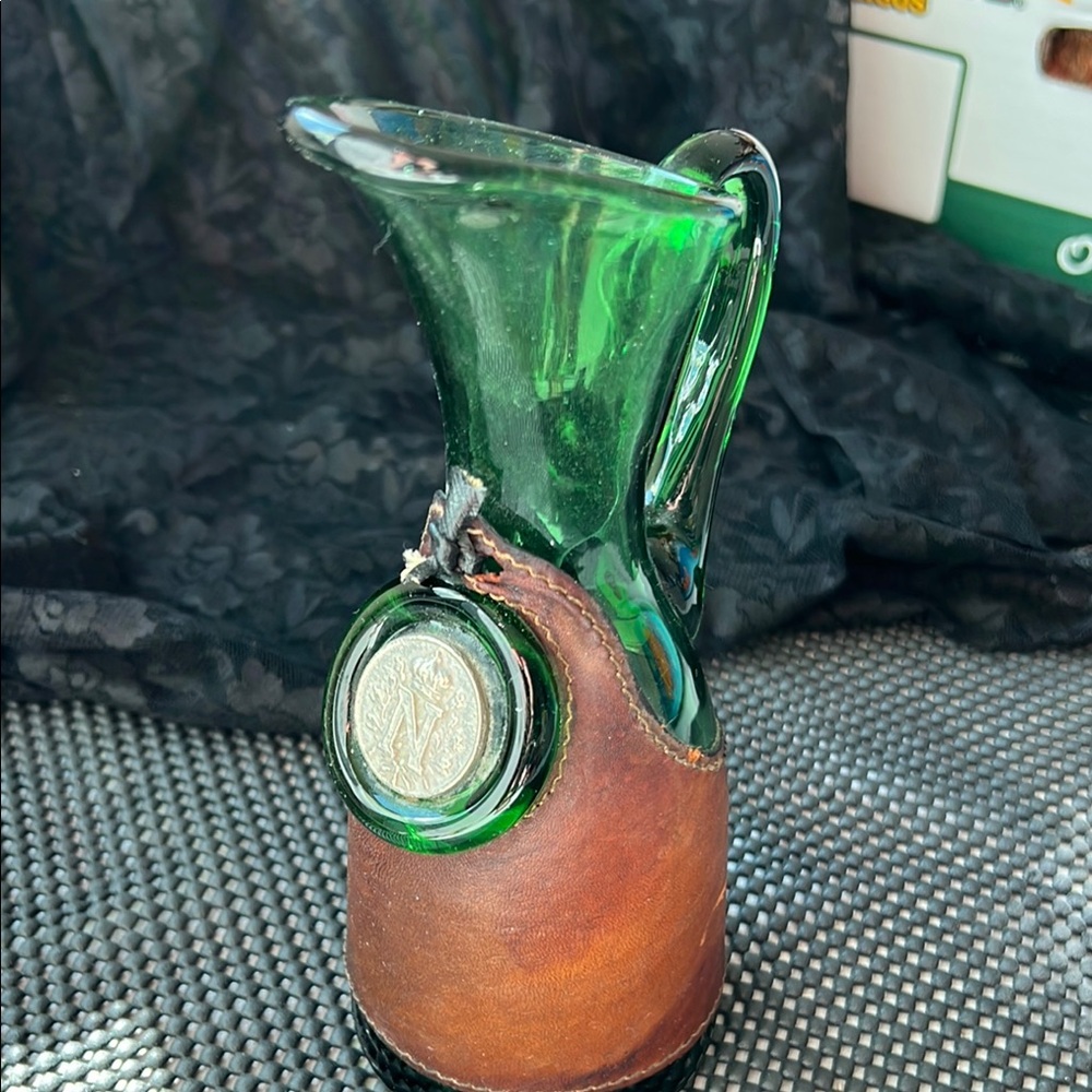 Green Glass Pitcher with Leather Accent